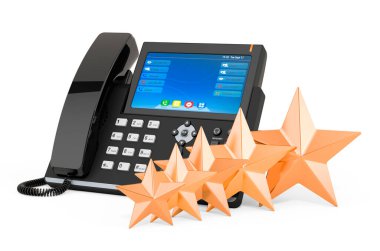 IP telefon konseptinin müşteri değerlendirmesi. Beyaz arkaplanda 3B görüntüleme izole edildi