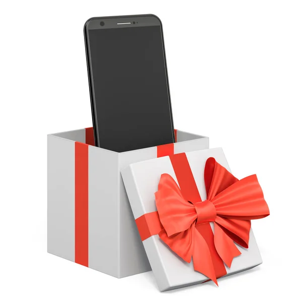 Smartphone Telefon Inuti Presentförpackning Nuvarande Koncept Rendering Isolerad Vit Bakgrund — Stockfoto