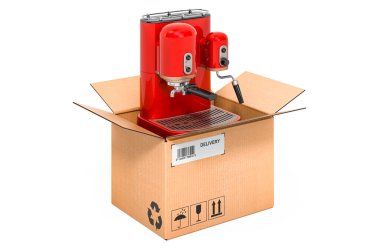 Karton kutunun içinde kahve makinesi tasarımı, teslimat konsepti. Beyaz arkaplanda 3B görüntüleme izole edildi