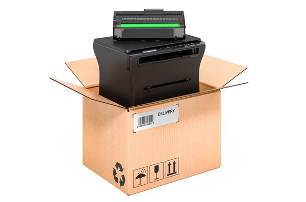 Printer Mfp Kartonnen Doos Levering Concept Rendering Geïsoleerd Witte Achtergrond — Stockfoto