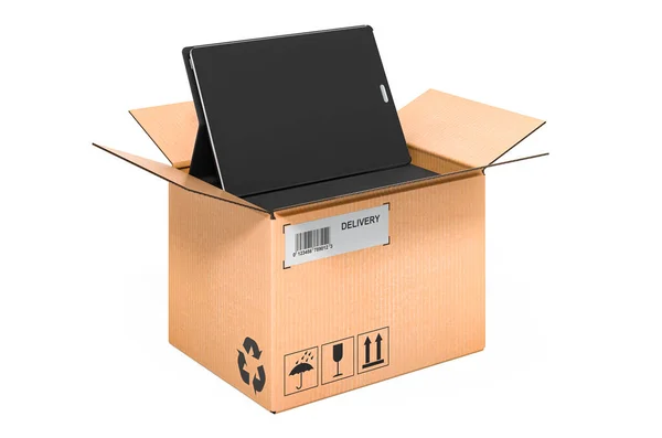 Tablet Computer Cardboard Box Delivery Concept Rendering Isolated White Background — Stock Photo, Image