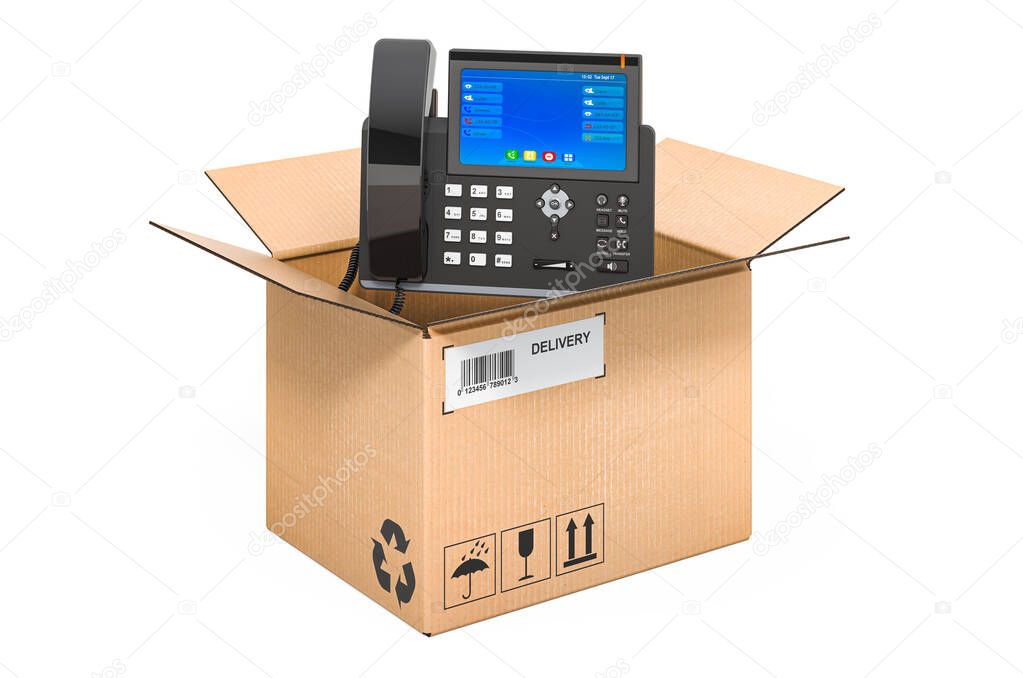 IP phone inside cardboard box, delivery concept. 3D rendering isolated on white background