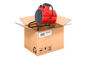 Karton kutunun içindeki endüstriyel havalandırma ısıtıcısı, teslimat konsepti. Beyaz arkaplanda 3B görüntüleme izole edildi