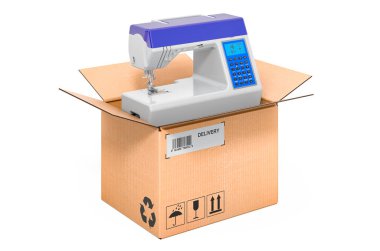 Karton kutunun içindeki modern dikiş makinesi, teslimat konsepti. Beyaz arkaplanda 3B görüntüleme izole edildi