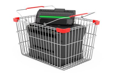 Alışveriş sepetinin içinde lazer MFP yazıcısı, beyaz arkaplanda 3D görüntüleme