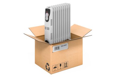 Karton kutunun içindeki yağ dolu ısıtıcı, teslimat konsepti. Beyaz arkaplanda 3B görüntüleme izole edildi