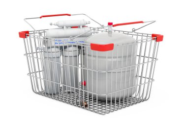 Alışveriş sepetinin içinde ters osmoz sistemi, beyaz arkaplanda 3 boyutlu görüntüleme