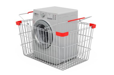 Çamaşır makinesi alışveriş sepetinin içinde, 3 boyutlu görüntüleme beyaz arka planda izole edildi