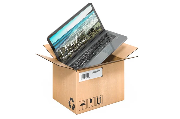 Laptop Cardboard Box Delivery Concept Rendering Isolated White Background — Stock Photo, Image