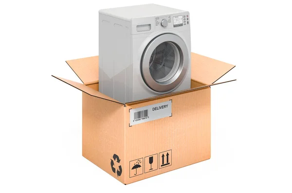 Karton Kutunun Içindeki Çamaşır Makinesi Teslimat Konsepti Beyaz Arkaplanda Görüntüleme — Stok fotoğraf