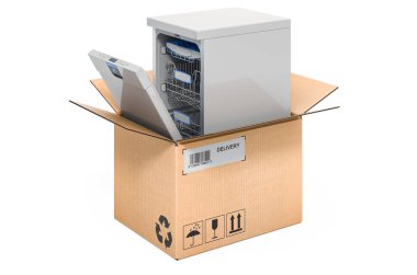 Karton kutunun içinde bulaşıkçı, teslimat konsepti. Beyaz arkaplanda 3B görüntüleme izole edildi