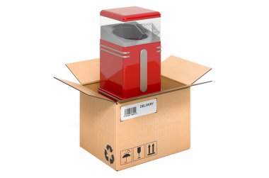 Karton kutunun içinde patlamış mısır üreticisi, teslimat konsepti. Beyaz arkaplanda 3B görüntüleme izole edildi