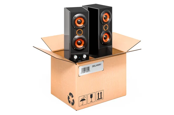 Muzikale Luidsprekers Kartonnen Doos Levering Concept Rendering Geïsoleerd Witte Achtergrond — Stockfoto