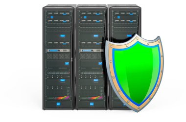 Bilgisayar Sunucusu kalkanla açılıyor. Güvenlik ve koruma kavramı. Beyaz arkaplanda 3B görüntüleme izole edildi