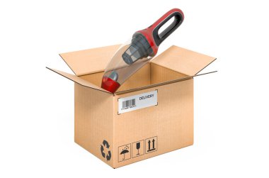 Karton kutunun içinde taşınabilir elektrik süpürgesi, teslimat konsepti. Beyaz arkaplanda 3B görüntüleme izole edildi