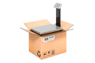 Karton kutunun içindeki depo pulları, teslimat konsepti. Beyaz arkaplanda 3B görüntüleme izole edildi