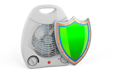 Kalkanlı vantilatör ısıtıcısı, beyaz arkaplanda 3 boyutlu görüntüleme