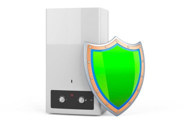 Ev gazı kazanı, kalkanlı su ısıtıcısı, beyaz arkaplanda 3 boyutlu görüntüleme