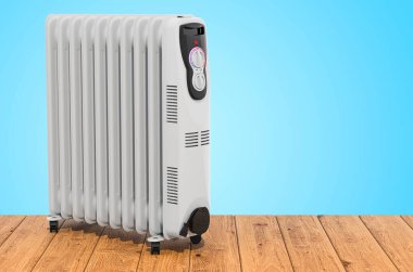 Tahtalardaki elektrikli yağ ısıtıcısı, 3 boyutlu.