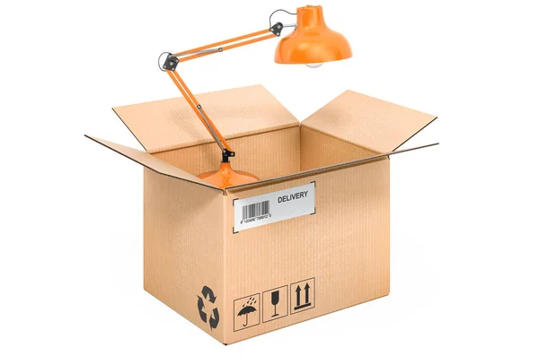 Desk Lamp Cardboard Box Delivery Concept Rendering Isolated White Background — Stock Photo, Image