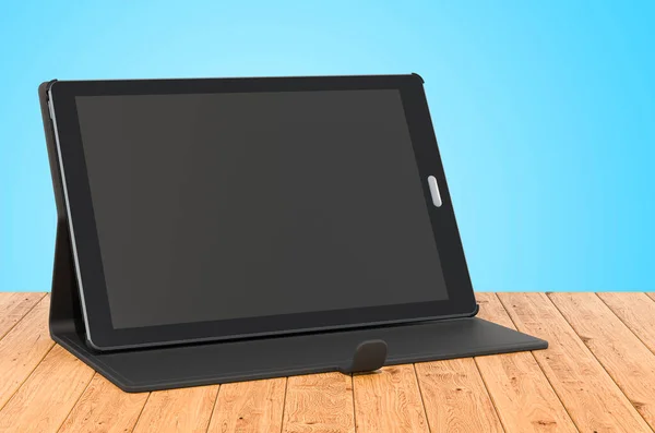 Komputer Typu Tablet Drewnianych Deskach Renderowanie — Zdjęcie stockowe