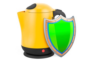 Kalkanlı elektrikli su ısıtıcısı, beyaz arkaplanda 3 boyutlu görüntüleme