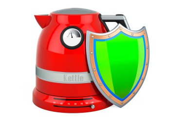 Kalkanlı elektrikli çaydanlık retro tasarımı, beyaz arkaplanda 3 boyutlu görüntüleme