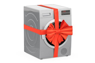 Kurutma makinesi, kurdele ve fiyonk, hediye konsepti. Beyaz arkaplanda 3B görüntüleme izole edildi