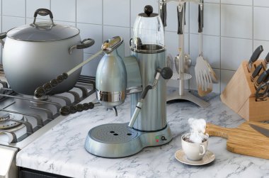 Mutfak masasında el yapımı kahve makinesi ya da kahve makinesi retro tasarımı. 3B görüntüleme