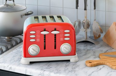 Mutfak masasında tost makinesi var. 3B görüntüleme