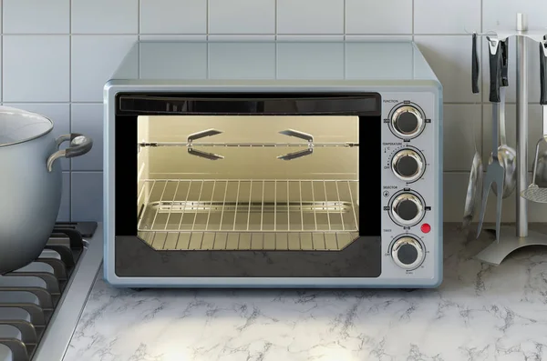 Convection toaster oven on the kitchen table. 3D rendering