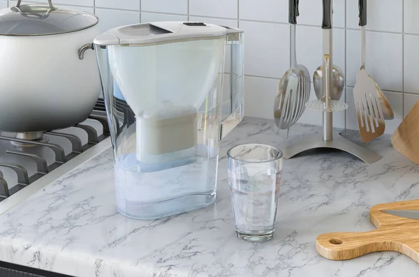 Krug Wasserfilter Auf Dem Küchentisch Rendering — Stockfoto