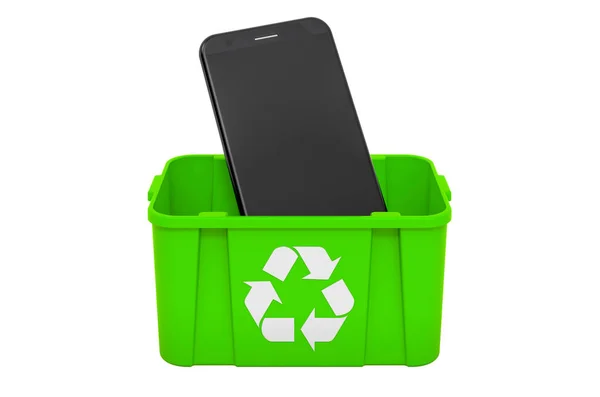 Reciclagem Lixeira Com Telefone Smartphone Renderização Isolada Fundo Branco — Fotografia de Stock