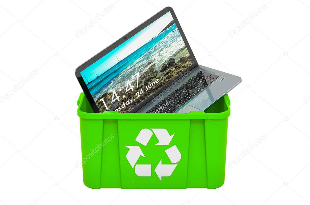 Recycling trashcan with laptop, 3D rendering isolated on white background