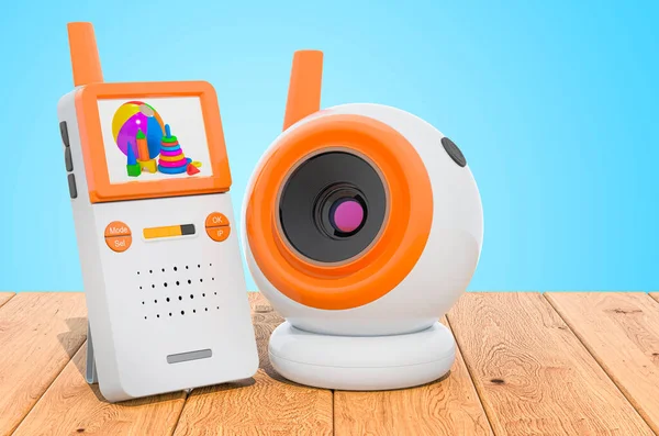 Baby cam and audio baby monitor on the wooden planks, 3D rendering