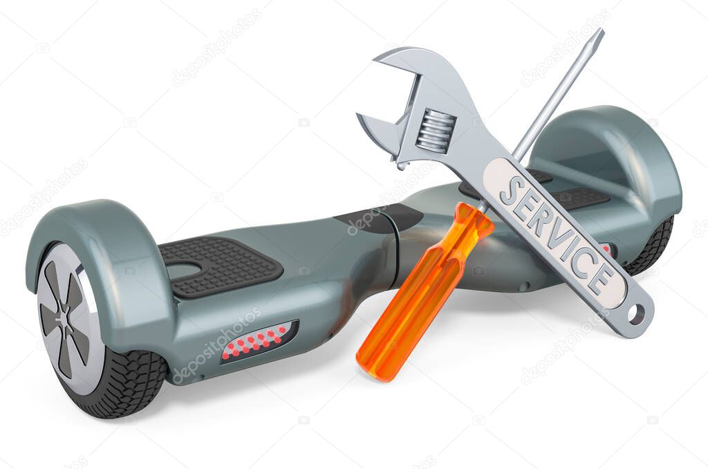 Service and repair of hoverboard or self-balancing scooter, 3D rendering isolated on white background