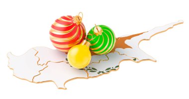 Renkli Noel toplarıyla Kıbrıs haritası. Yeni yıl ve Noel tatili konsepti, beyaz arkaplanda 3 boyutlu görüntüleme