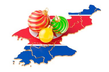 Renkli Noel toplarıyla Kuzey Kore haritası. Yeni yıl ve Noel tatili konsepti, beyaz arkaplanda 3 boyutlu görüntüleme