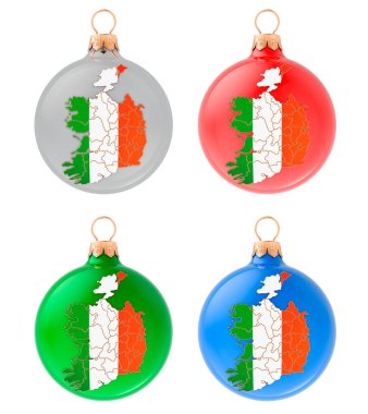 İrlanda haritalı Noel topları, beyaz arkaplanda 3 boyutlu görüntüleme