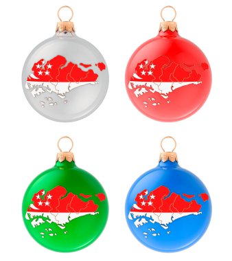 Singapur haritalı Noel topları, beyaz arkaplanda 3 boyutlu görüntüleme