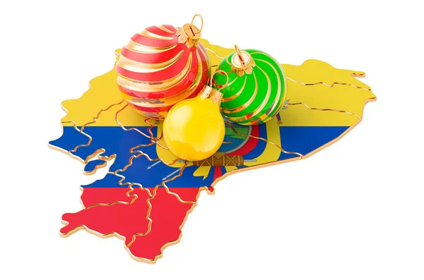 色付きのクリスマスボールとエクアドルの地図 新年とクリスマスの休暇のコンセプトは 白い背景に隔離された3Dレンダリング — ストック写真