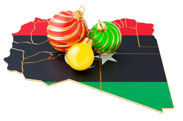 有彩色圣诞球的利比亚地图 新年和圣诞假期的概念 3D渲染隔离的白色背景 — 图库照片