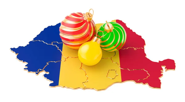 Mapa Rumano Con Bolas Navidad Colores Concepto Vacaciones Año Nuevo —  Fotos de Stock