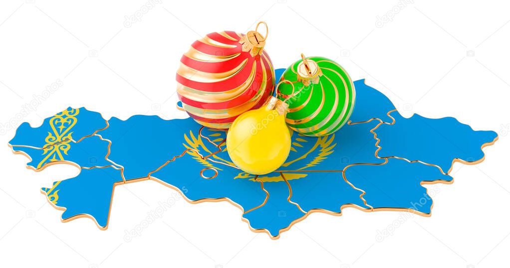 Kazakh map with colored Christmas balls. New Year and Christmas holidays concept, 3D rendering isolated on white background
