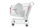Satellite dish inside shopping cart, 3D rendering isolated on white background