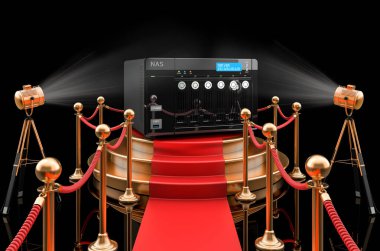 Podium with network-attached storage NAS, 3D rendering isolated on black background