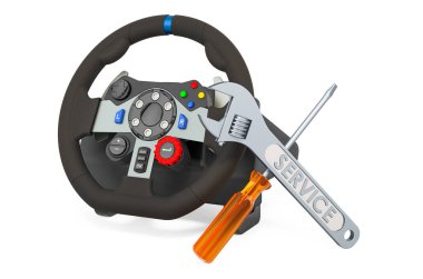 Service and repair of gaming steering wheel, 3D rendering isolated on white background