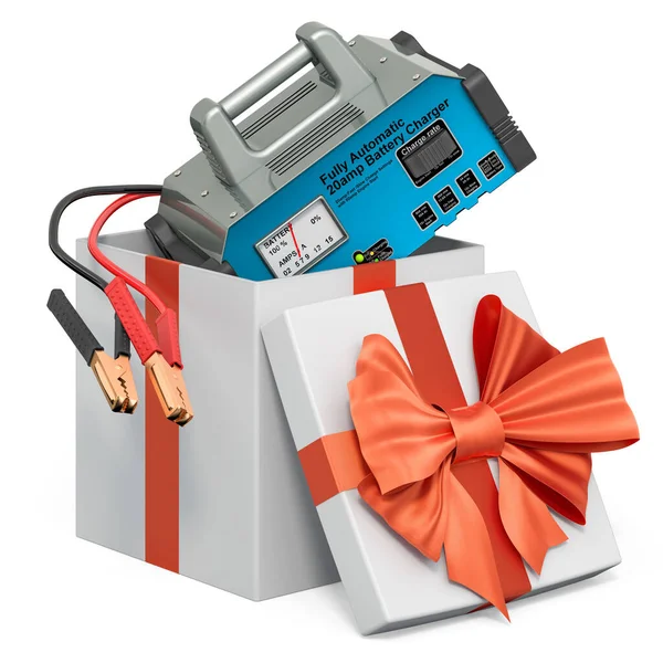 Battery Charger Gift Box Present Concept Rendering Isolated White Background — Stockfoto