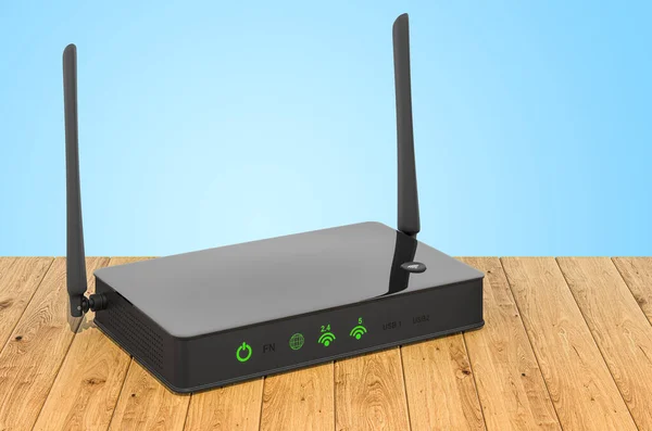 Ασύρματο Router Internet Στις Ξύλινες Σανίδες Rendering — Φωτογραφία Αρχείου