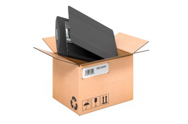 Scanner inside cardboard box, delivery concept. 3D rendering isolated on white background